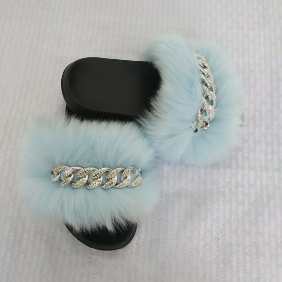 Light Blue Faux Fur Slides/Slippers/With Chain - Picture 5 of 5